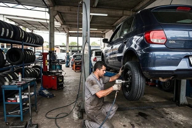 Carro recebendo pneus novos em uma borracharia em Hortolândia.